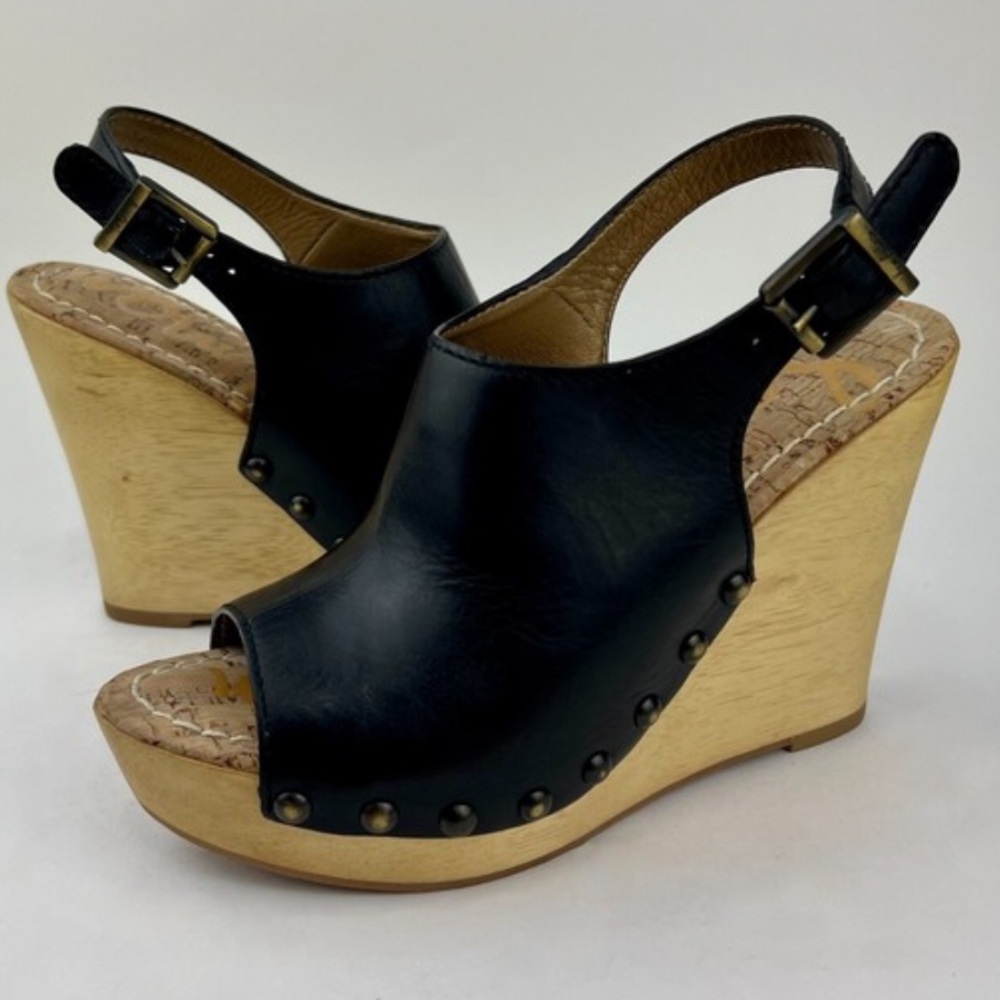 New Sam Edelman Camilla Black Leather Studded Wood Wedge Sandals size 8